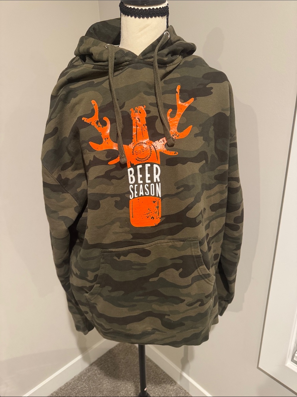 Camo 'Beer Season' Pullover Hoodie - Olive with Orange Graphic